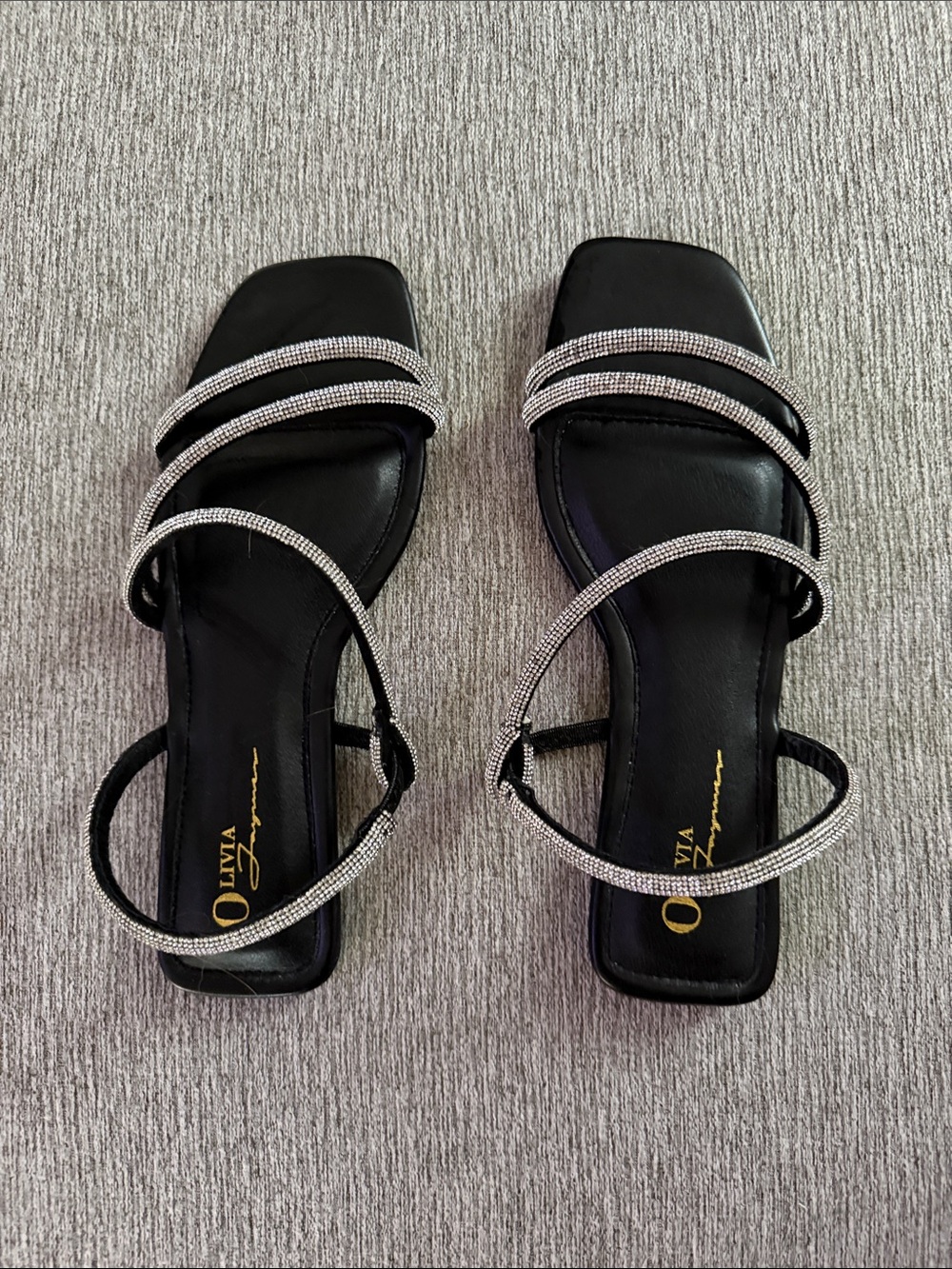 Crystal-Strap Black Square-Toe Flat Sandals